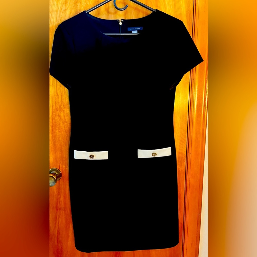 little black dress size 10 - white faux cap pockets with good bottoms
